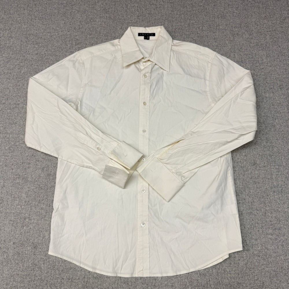 Theory Patrick Button Down Shirt Size M Ivory Cream Stretch Long Sleeve Cotton